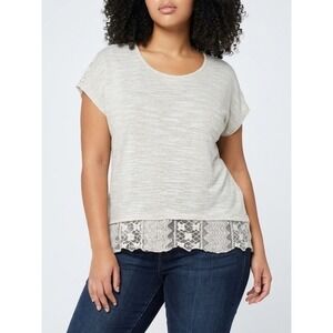 Cato Lace Trim Top Womens XL Oatmeal Tan Excellent Boho Slub Knit Cap Sleeve